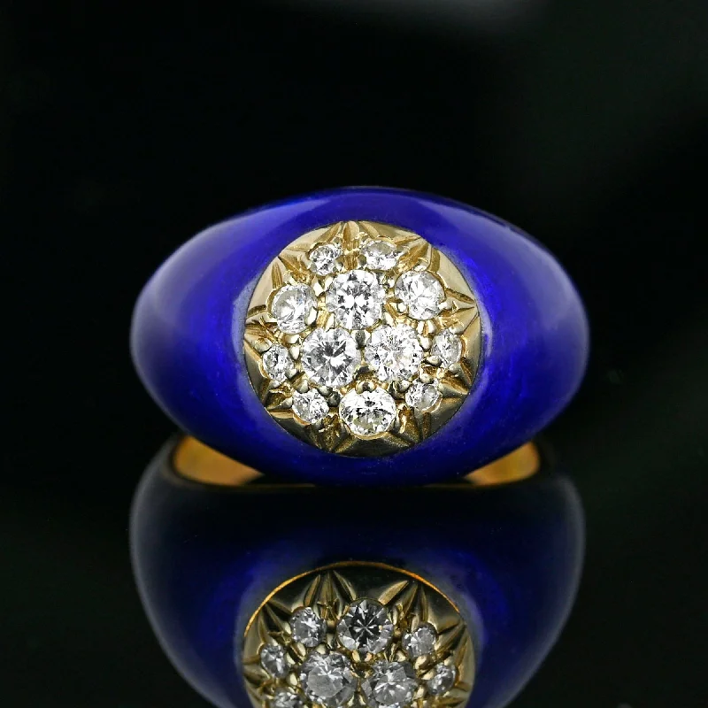 Fashion-Forward Jewelry At Incredible Prices Vintage 14K Gold Cobalt Blue Enamel Diamond Dome Ring