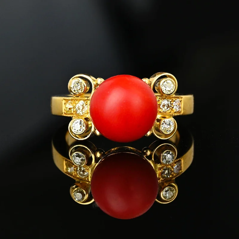 Elegant Designs, Unbeatable Discounts – Shop Jewelry Now 18K Gold Diamond Large Red Orange Mediterranean Coral Ring