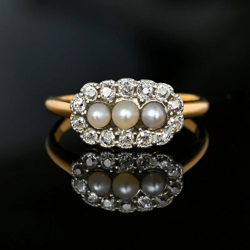 Timeless Elegance, Temporary Discounts – Act Fast Antique Mine Cut Diamond Halo Natural Pearl Ring