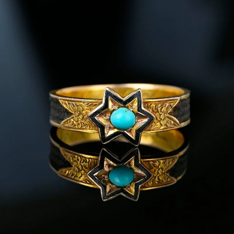 Unique Jewelry For Less – Shop The Sale Now Antique Victorian 14K Gold Turquoise Star Ring Band, Mourning Jewelry