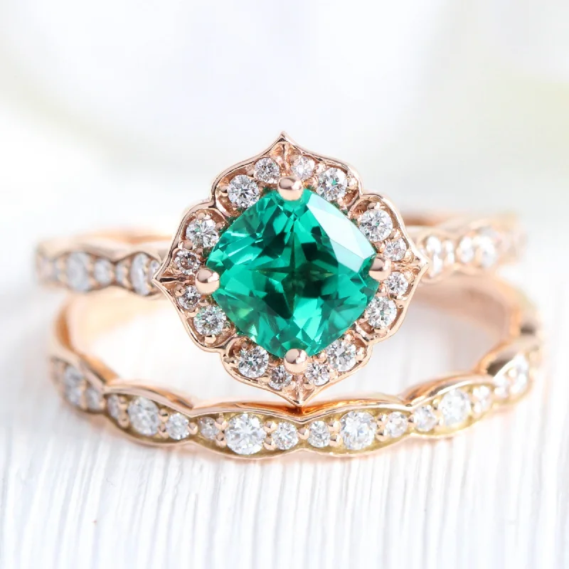 Big Discounts On Elegant Jewelry Collections Mini Vintage Floral Bridal Ring Set w/ Emerald and Diamond in Scalloped Diamond Band