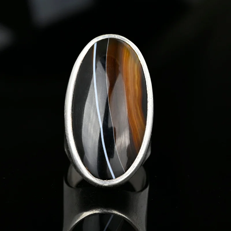 Discounted Jewelry For A Glamorous Look Huge Vintage Scottish Black Banded Agate Ring in Silver