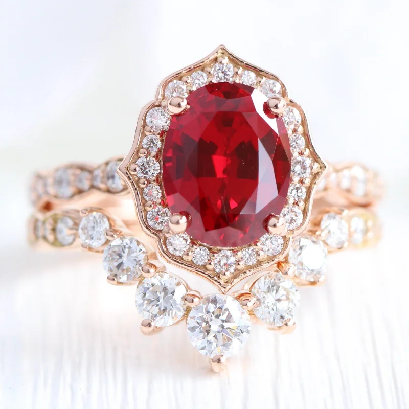 Luxury Jewelry Sale – Sparkle For Less Large Vintage Floral Oval Ruby Ring Set w/ Large 7 Diamond U Shaped Scalloped Band