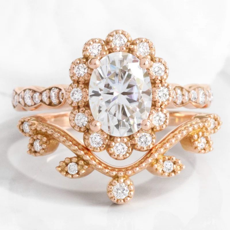 Discover Unique Jewelry With Special Limited-Time Offers Oval Moissanite Diamond Ring Set w/ Leaf Wedding Band in Vintage Luna Halo