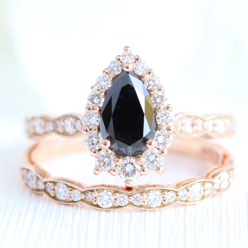 Must-Have Jewelry At Unbelievable Discounts Tiara Halo Pear Black Diamond Ring Set w/ Matching Diamond Scalloped Wedding Band