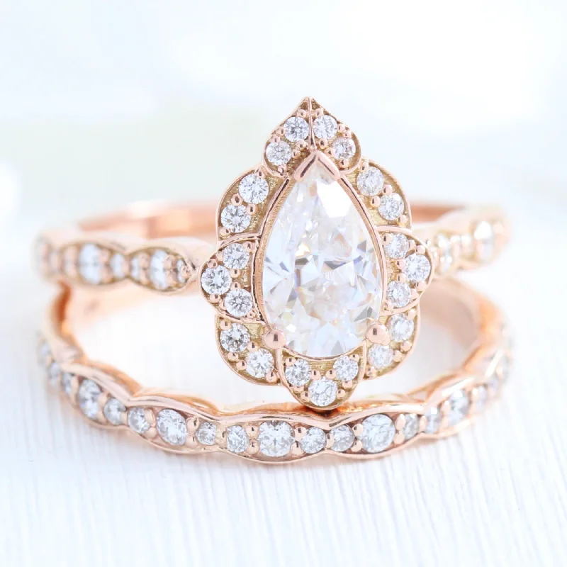 Luxury Jewelry Without The Luxury Price Tag Vintage Floral Pear Ring Bridal Set w/ Moissanite and Matching Diamond Band