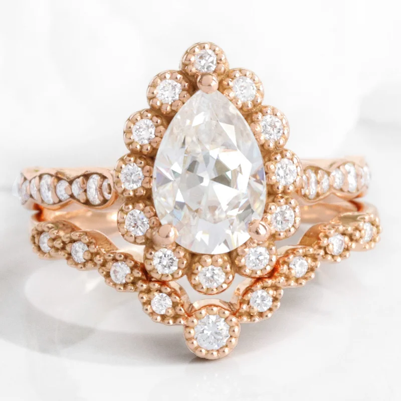 Exclusive Jewelry Markdowns – Limited-Time Offer Pear Moissanite Diamond Ring Set w/ Milgrain Wedding Band in Vintage Luna Halo