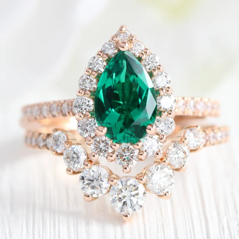 Waterproof Stainless Steel Jewelry For Lasting Beauty Large Tiara Halo Pave Ring Set w/ Pear Emerald and Large 7 Diamond U Band