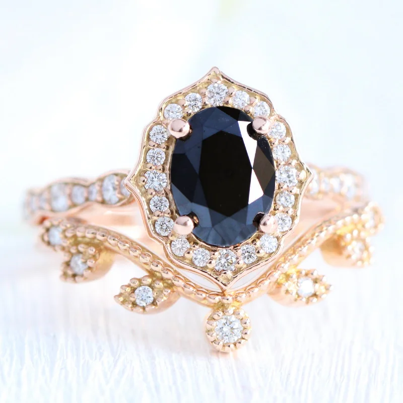 Stunning Statement Jewelry, Unbeatable Discounts Vintage Floral Black Diamond Ring Set w/ Oval Diamond and Curved Leaf Band