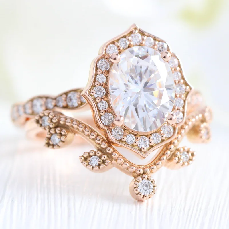 Handcrafted Jewelry Sale – Unique Designs At Low Prices Large Vintage Floral Oval Ring Set w/ Moissanite and Deep Curved Leaf Diamond Band