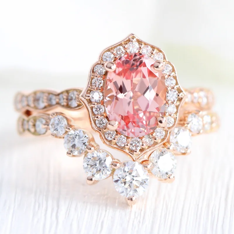 Shop Dazzling Jewelry At The Best Prices Vintage Floral Oval Ring Bridal Set w/ Peach Sapphire and Large 7 Diamond Scalloped Band