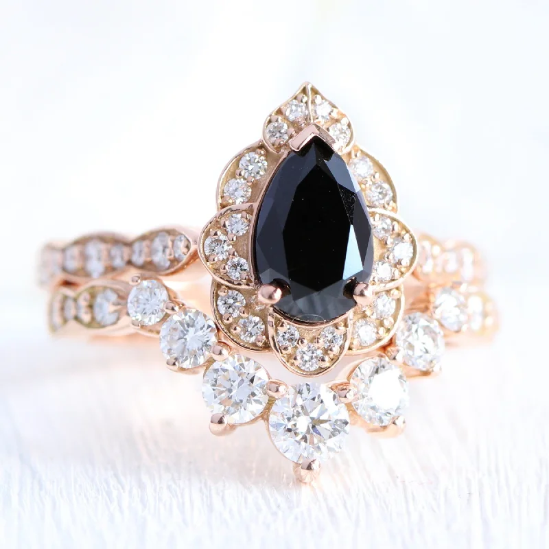 Grab Exquisite Jewelry At The Lowest Prices Vintage Floral Black Diamond Pear Ring w/ Large 7 Diamond Curved Scalloped Band