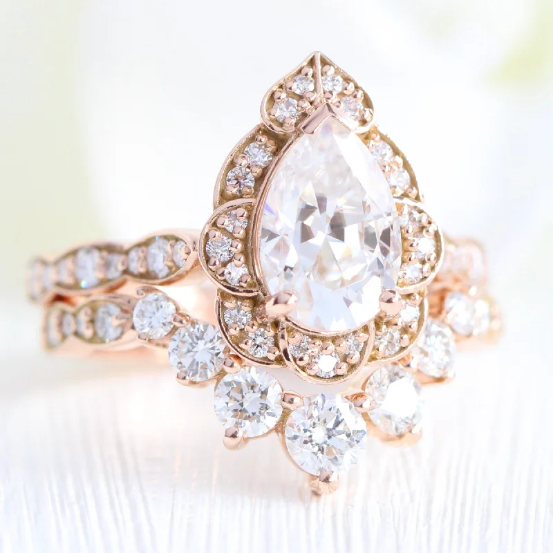 Limited-Time Jewelry Sale – Don't Miss These Deals Large Vintage Floral Pear Ring Set w/ Moissanite and Large 7 Diamond Scalloped Band