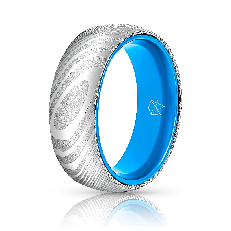 Seasonal Jewelry Deals – Elevate Your Style Wood Grain Damascus Steel Ring - Resilient Blue