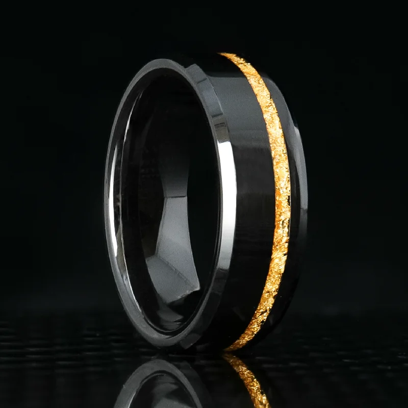 Affordable Gold-Plated Jewelry For Modern Fashion 24K Gold Leaf Ring on Black Ceramic | Offset Inlay