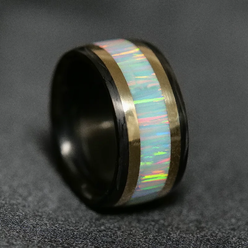 Trending Jewelry Styles Now At Limited-Time Discounts Carbon Fiber, Gold, and Opal Ring