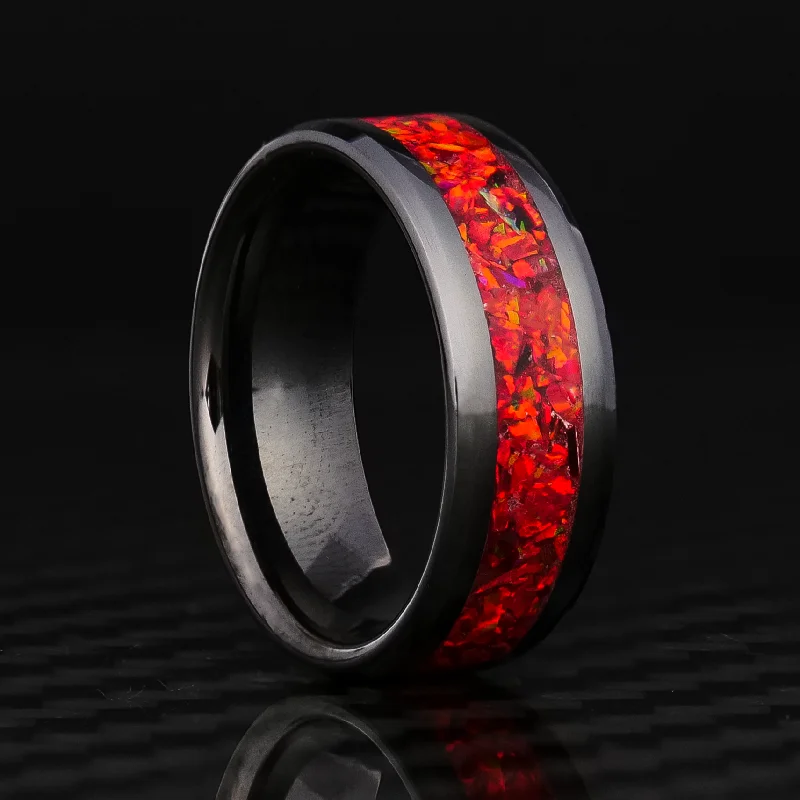 Exclusive Jewelry Markdowns – Limited-Time Offer Crimson Red Opal Glowstone Ring on Black Ceramic