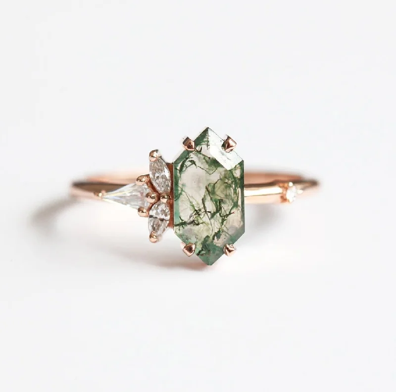 High-End Jewelry, Now More Affordable Than Ever Amelia Hexagon Moss Agate Ring With Diamonds