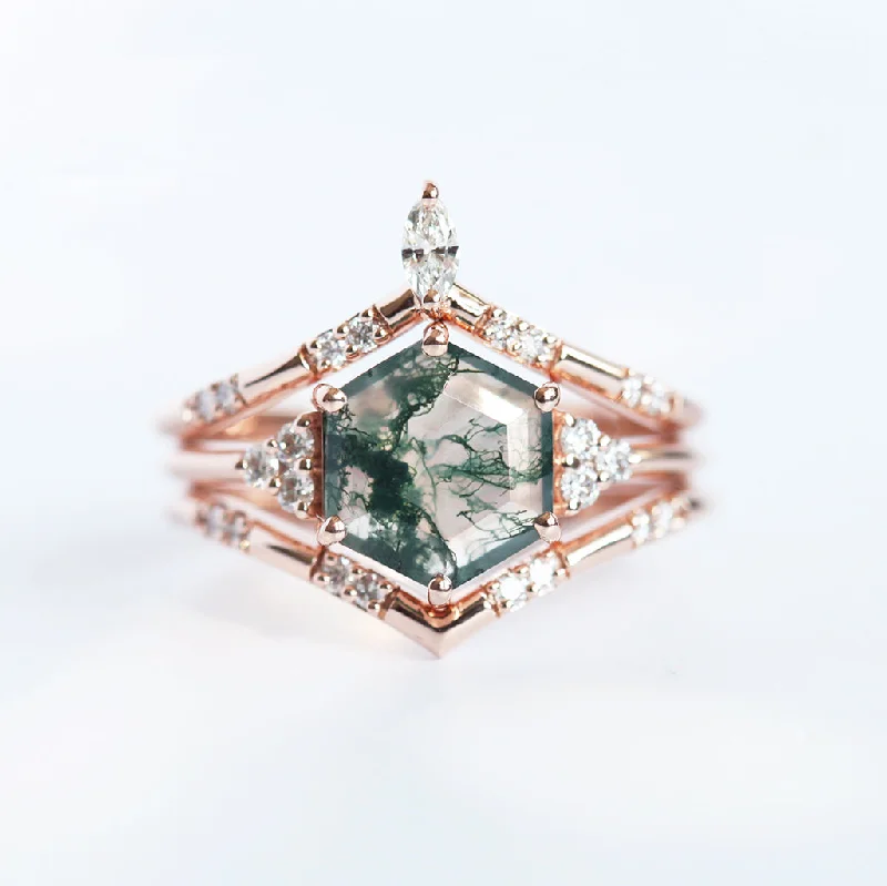 Seasonal Jewelry Sale – Upgrade Your Collection Ada Hexagon Moss Agate Ring Set