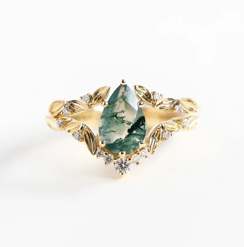 Personalized Jewelry At Special Discount Rates Pear Leaf Moss Agate Ring Set