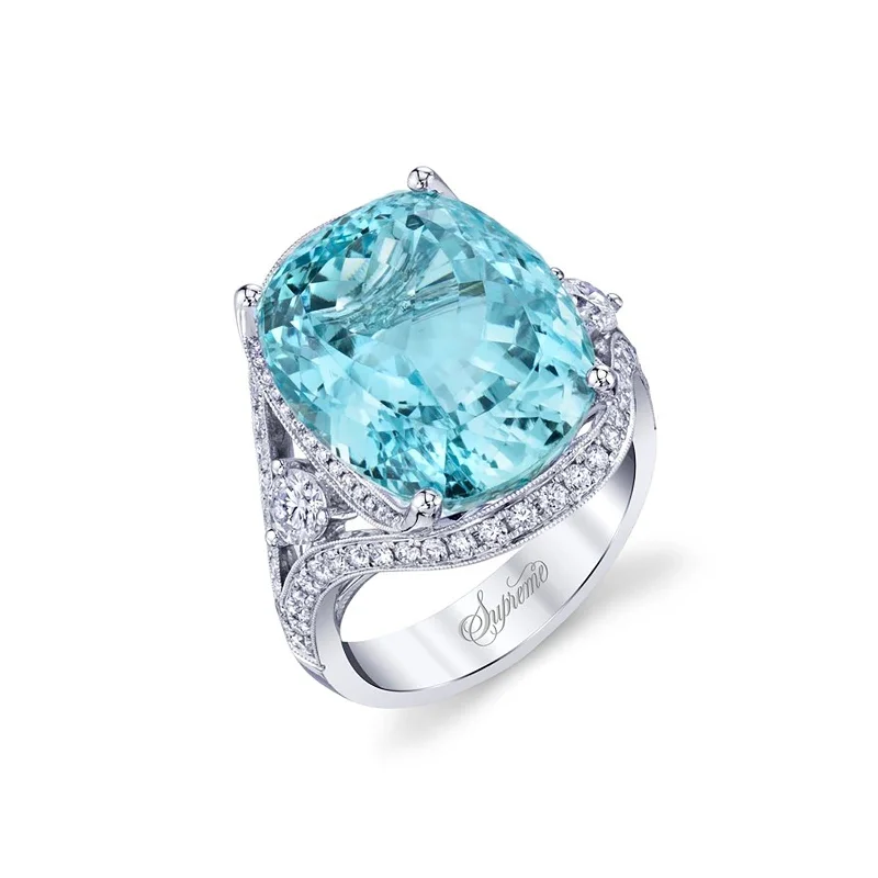 Exclusive Gemstone Jewelry At Special Prices Aquamarine Cocktail Ring with Diamonds