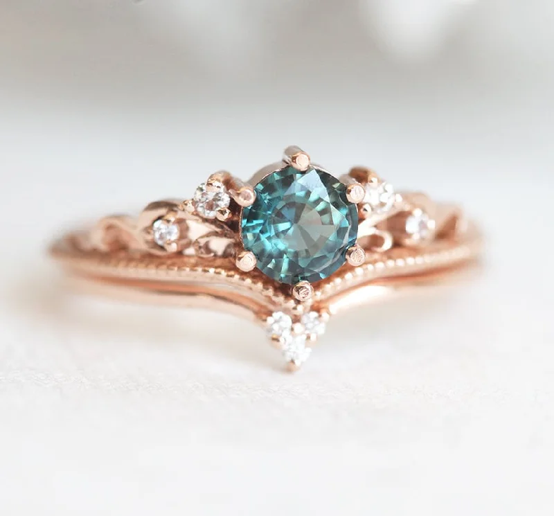 Sparkle In Style With Our Best Jewelry Deals Teal Sapphire Engagement Ring, Round Antique Wedding Diamond Set, Milgrain Vintage Set