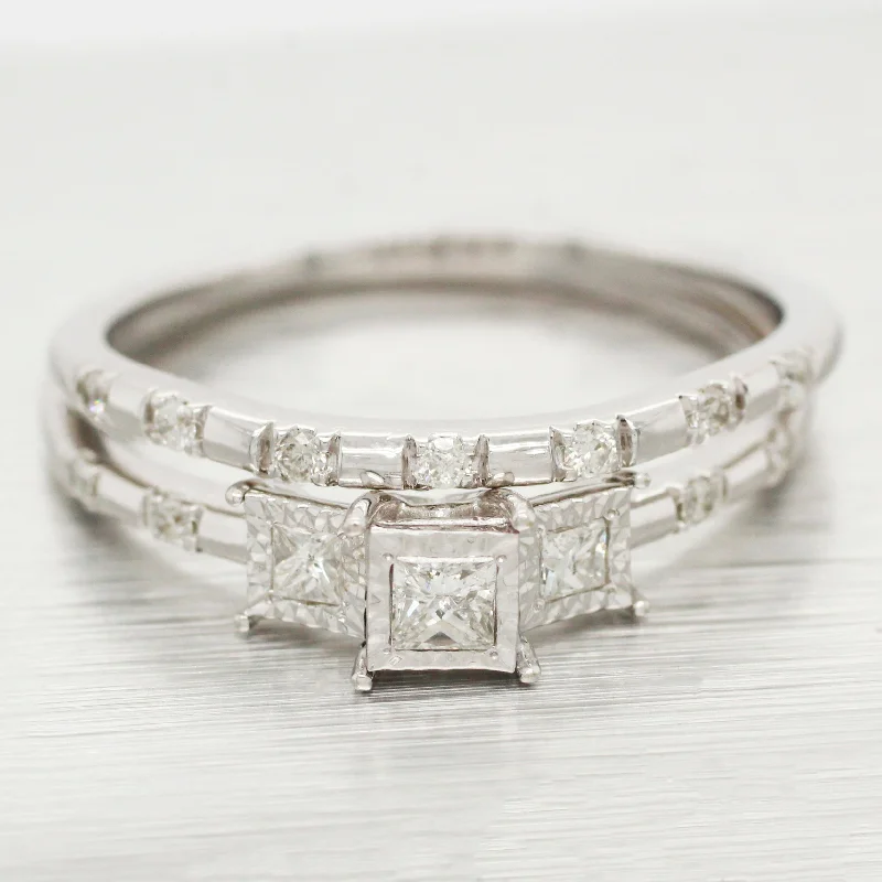 Limited-Time Offer On Elegant Jewelry Pieces Vintage 0.65ctw Diamond Wedding Ring Bridal Set - 14k White Gold Band & Ring