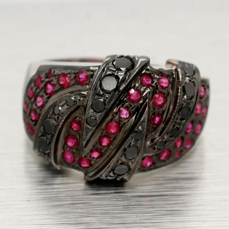 Shop Fine Jewelry With Amazing Deals Vintage 1.00ctw Black Diamond & Red Ruby Intersecting Band Ring - 14k White Gold