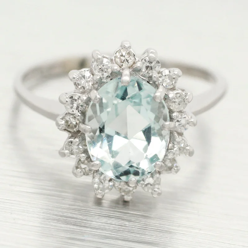 Best-Selling Jewelry Now Available At Special Deals Vintage Aquamarine & Diamond Halo Cocktail Ring - 14k White Gold - Size 7.25