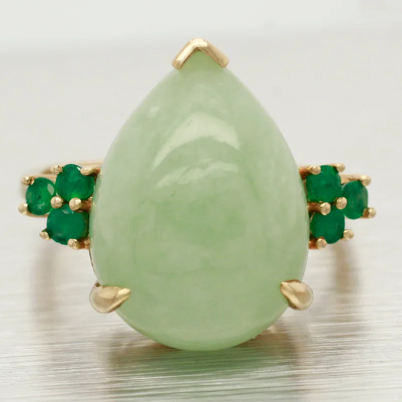 Buy More, Save More On Stunning Jewelry Designs Vintage Large Jade Teardrop Cocktail Ring - Emerald Accents - 14k Yellow Gold