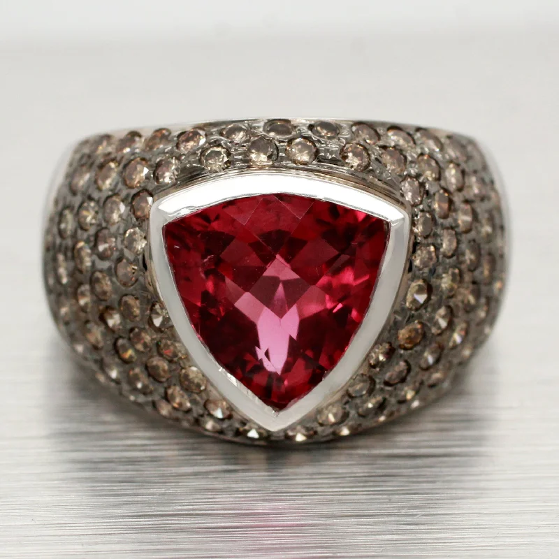 Exclusive Jewelry Sale Event – Shop Now Vintage Trillion Pink Tourmaline Ring - Champagne Diamonds - 14k White Gold