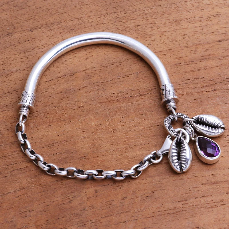 Dainty Floral Jewelry For Feminine Elegance Glistening Shells Sterling Silver and Faceted Amethyst Bracelet from Java