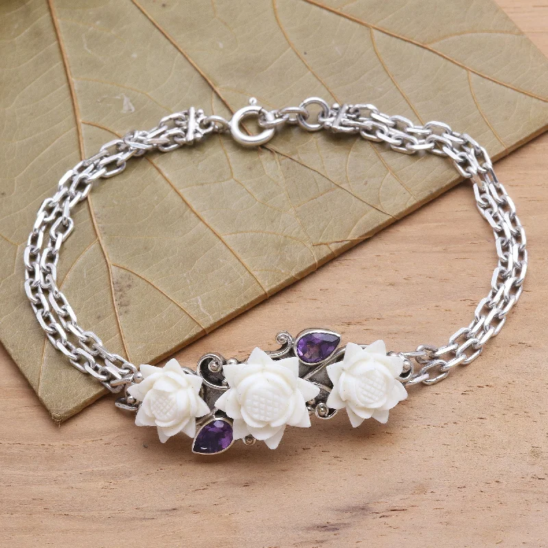 Shop Dazzling Jewelry With Special Promotional Discounts Ivory Lotus Silver and Amethyst Bracelet with Carved Bone Flowers