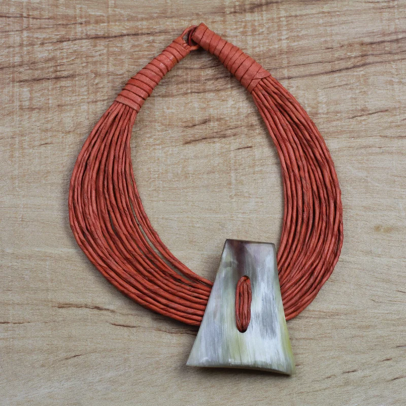 Laami Ghanaian Orange Leather and Bone Statement Cord Necklace