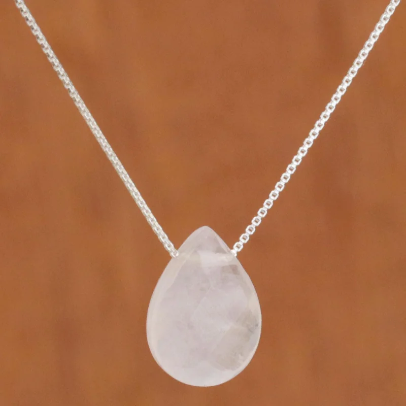 Love Drop 18 In Contemporary Brazilian Rose Quartz and Silver Necklace