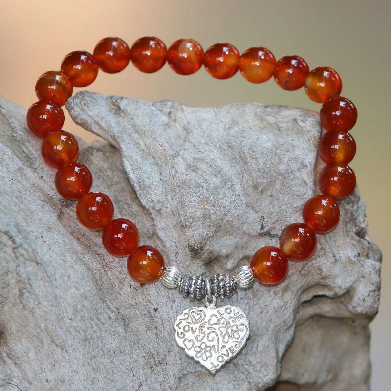 Fashion-Forward Geometric Jewelry For Contemporary Style Loving Fantasy Red Carnelian Heart Charm Beaded Bracelet from Bali