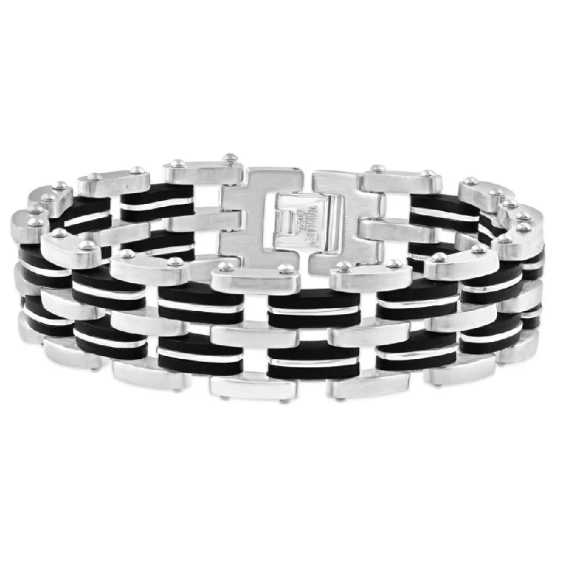 Affordable Luxury Jewelry For Every Occasion Men's Steel Brushed And Black Two Tone 18.5mm Wide Link Flexible 8.5 " Bracelet