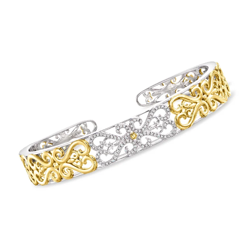 Affordable Gold-Plated Jewelry For Modern Fashion Ross-Simons Diamond Filigree Heart Cuff Bracelet in 2-Tone Sterling Silver