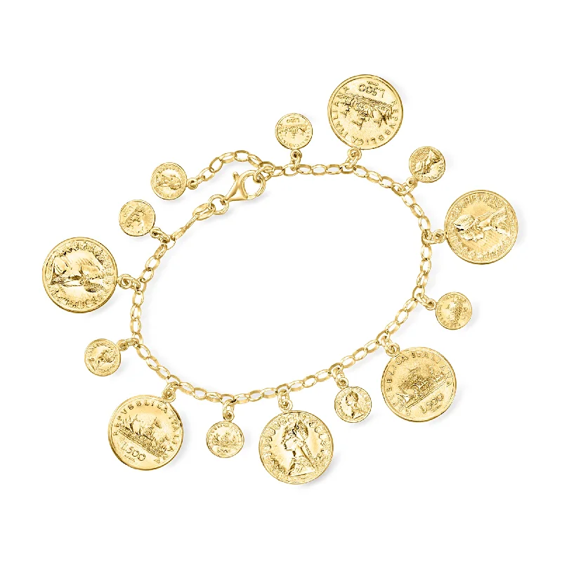 Handmade Pearl Jewelry For Timeless Elegance Ross-Simons Italian 18kt Gold Over Sterling Replica 500-Lira Coin Bracelet