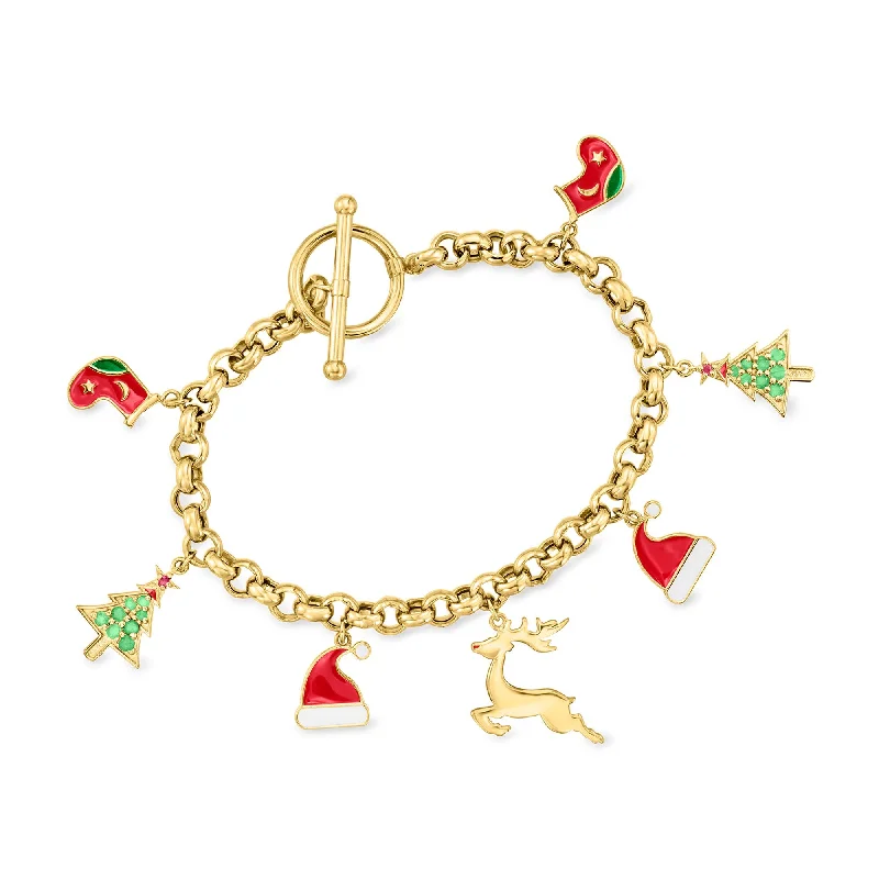 Luxury Jewelry At Unbeatable Discounts Ross-Simons Multi-Gemstone Christmas Charm Toggle Bracelet With Multicolored Enamel in 18kt Gold Over Sterling