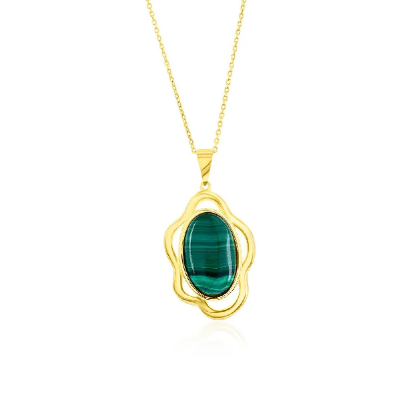 Sterling Silver Oval Malachite Wavy Design Pendant Necklace- Gold Plated