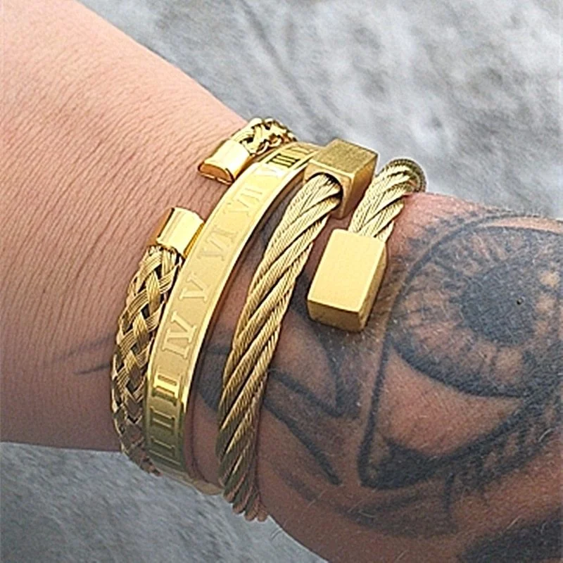 Affordable Gold-Plated Jewelry For Modern Fashion Three-Piece Stainless Steel Bracelet Set: Modern, Sleek, and Versatile