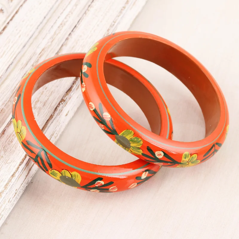 Shop Trending Jewelry With Exclusive Savings Vermilion Garden Floral Haldu Wood Bangle Bracelets in Vermilion (Pair)