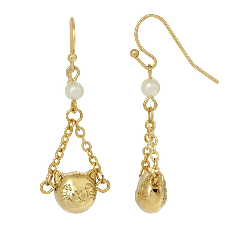 Unique Jewelry For Less – Shop The Sale Now 1928 Jewelry® 14K Gold Dipped Cat Face With Faux Pearl & Chain Drop Wire Earrings