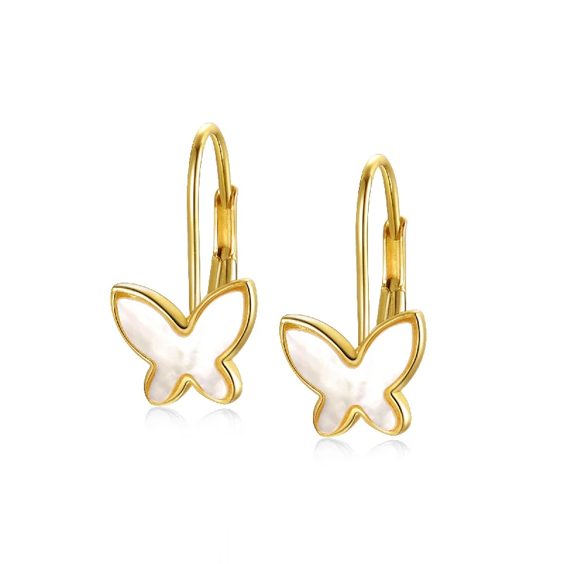 Elegant Jewelry, Exclusive Prices – Shop Now 14k Yellow Gold With Mother Of Pearl Butterfly Inlay Dangle Drop Leverback Earrings