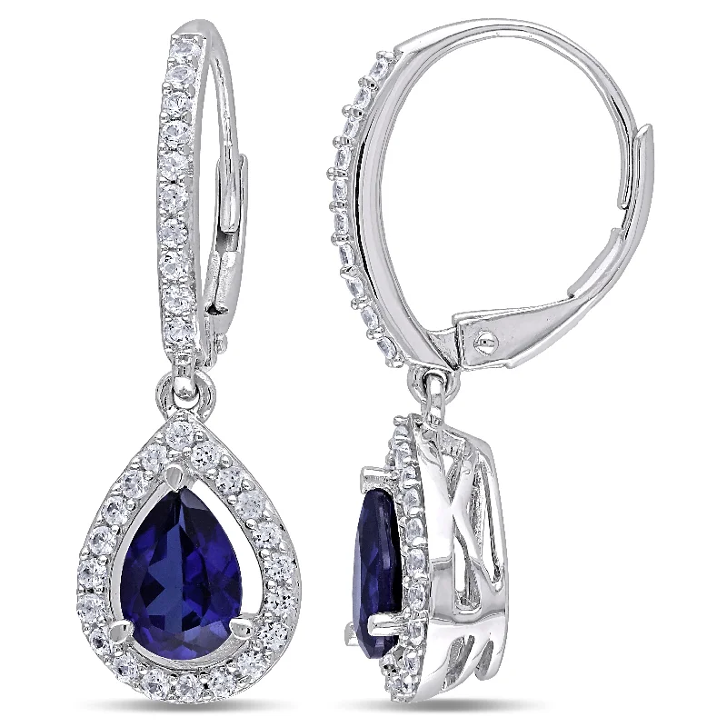 Affordable Elegance – Premium Jewelry At Special Prices 2 7/8 CT TGW Created Blue and White Sapphire Teardrop Leverback Earrings in Sterling Silver