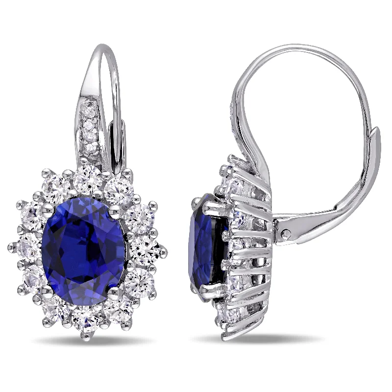 Flash Sale On Stunning Jewelry – Limited Stock Available 8.06 CT TGW Created Blue and White Sapphire and Halo Diamond Leverback Earrings in Sterling Silver