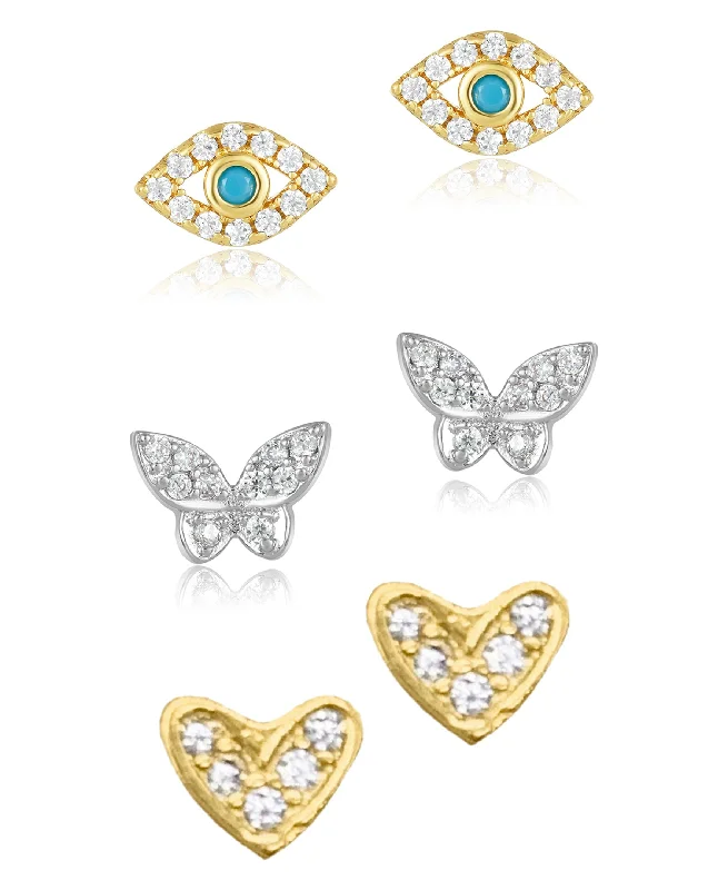 Discounted Luxury Jewelry – Shine Without The Splurge Adornia Heart, Evil Eye, and Butterfly Stud Set silver gold