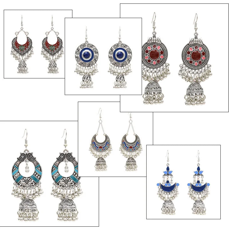 Egyptian Vintage Silver Jhumka Earrings – Tribal Gypsy Beads & Tassels