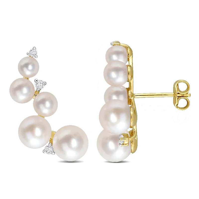 Waterproof Stainless Steel Jewelry For Lasting Beauty Freshwater Cultured Pearl and 1/4 CT TGW White Topaz Climber Earrings in Yellow Gold Plated Sterling Silver